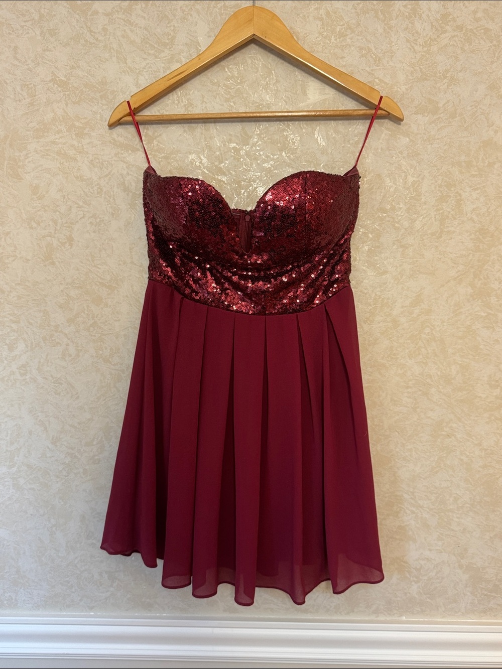 Sequin Bust Burgundy Chiffon Mini Dress
